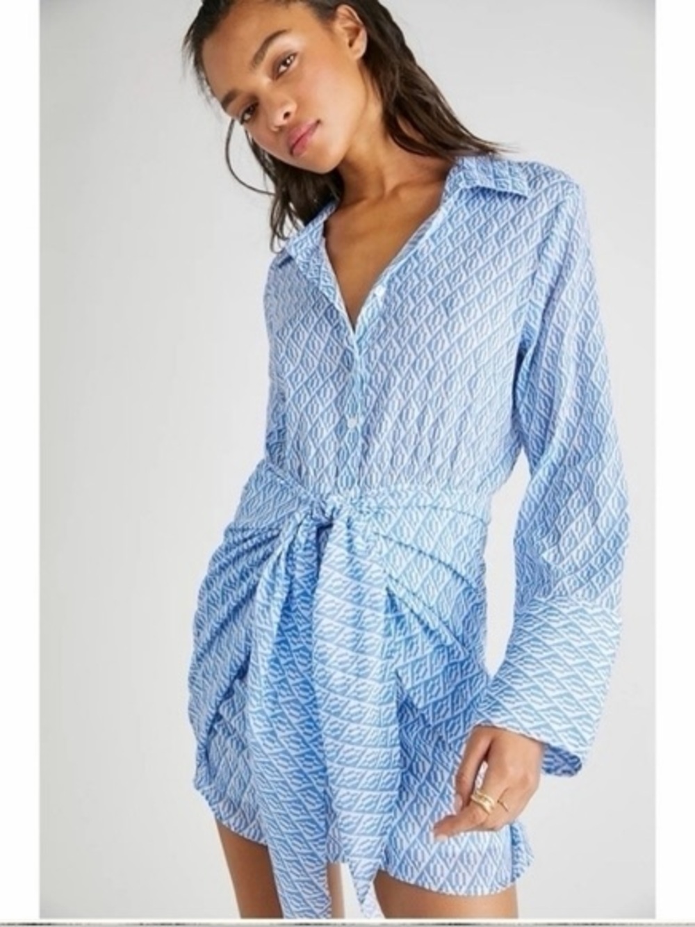 Free People Rillo Blue Beach Summer Shirtdress Buttondown Tie Long Sleeve Small